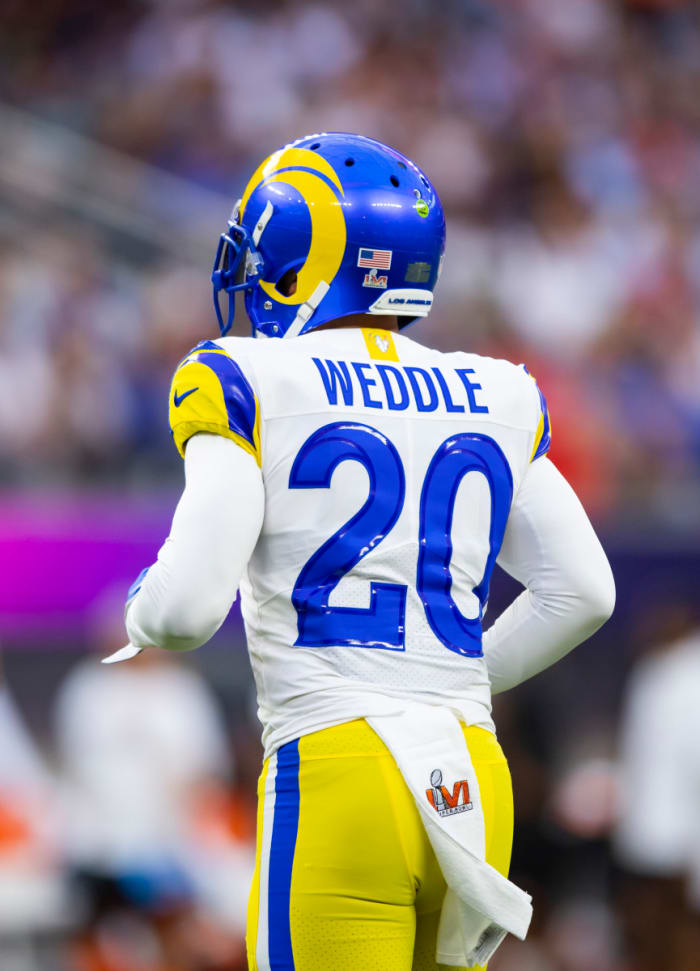 Feb 13, 2022; Inglewood, CA, USA; Detailed view of the jersey of Los Angeles Rams safety Eric Weddle (20) against the Cincinnati Bengals in Super Bowl LVI at SoFi Stadium. Mandatory Credit: Mark J. Rebilas-USA TODAY Sports